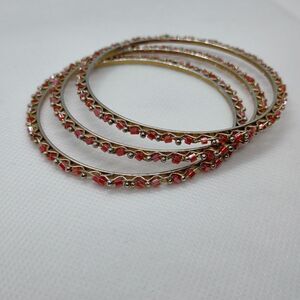 Gold Tone & Red Bead Bangles Set of 3